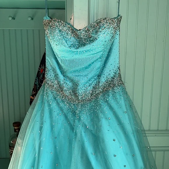open lace back dress Triple Organza Strapless Princess Dress Blue / FR 36